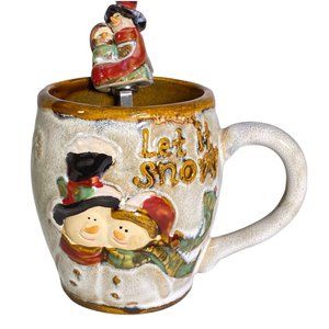 Christmas Mug & Spoon Set Mr. and Mrs. Snowmen Let It Snow Glazed w Box